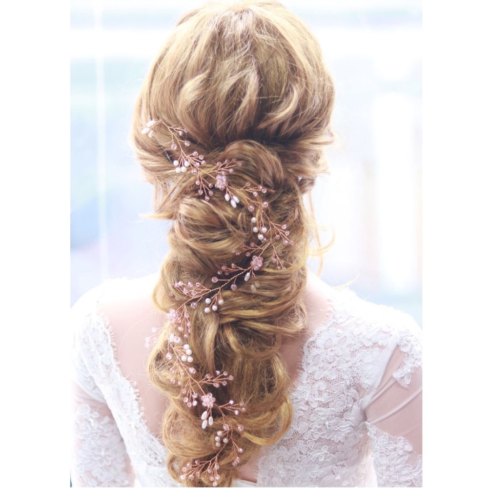 Pink Crystal and Pearl Rose Gold Vine Headdress Headpiece